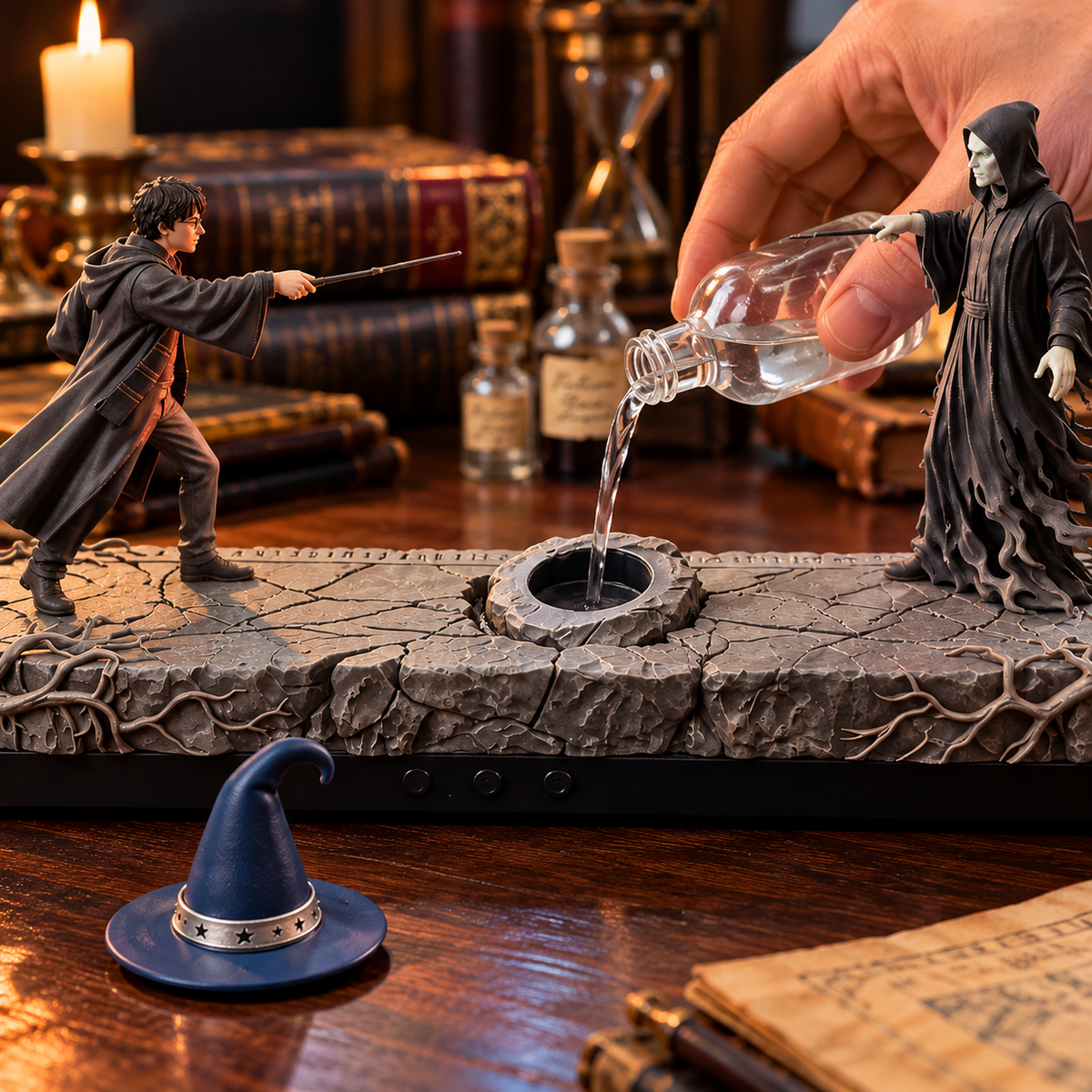 Detailed fantasy resin duel statue displayed in a dark study
