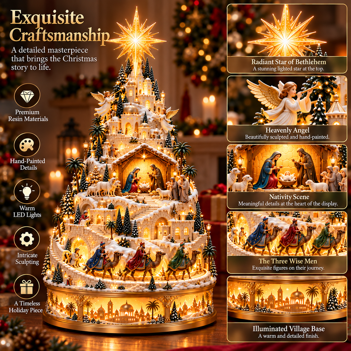 Close-up of Nativity village architecture and biblical figures