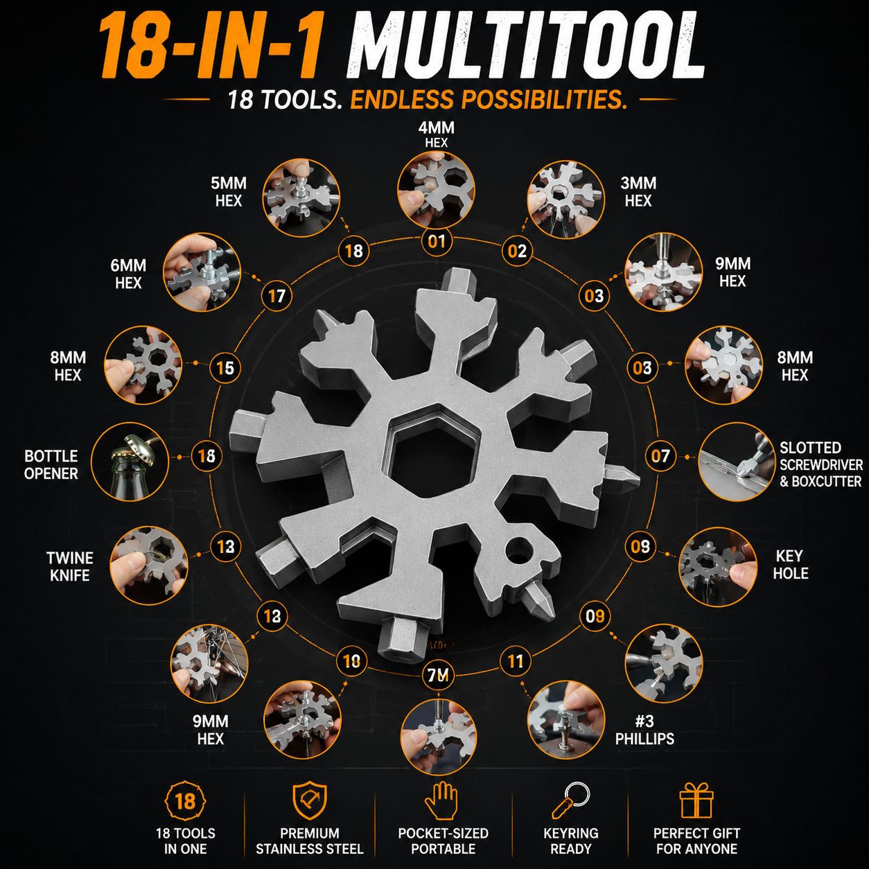 18-in-1 Stainless Steel Snowflake Pocket Multitool