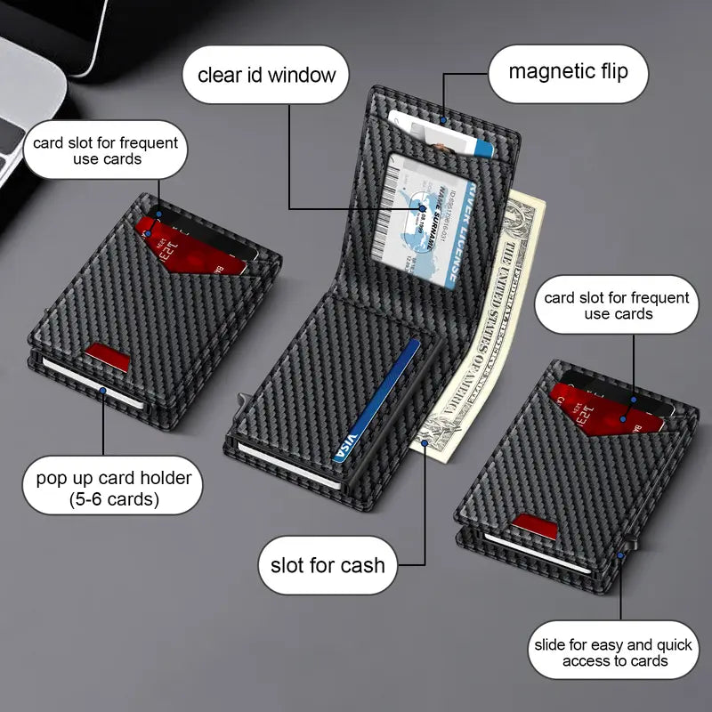💳 Men's RFID Minimalist Bifold Wallet | Pop-Up Card Holder with ID Window & Money Clip | Gift Box Include