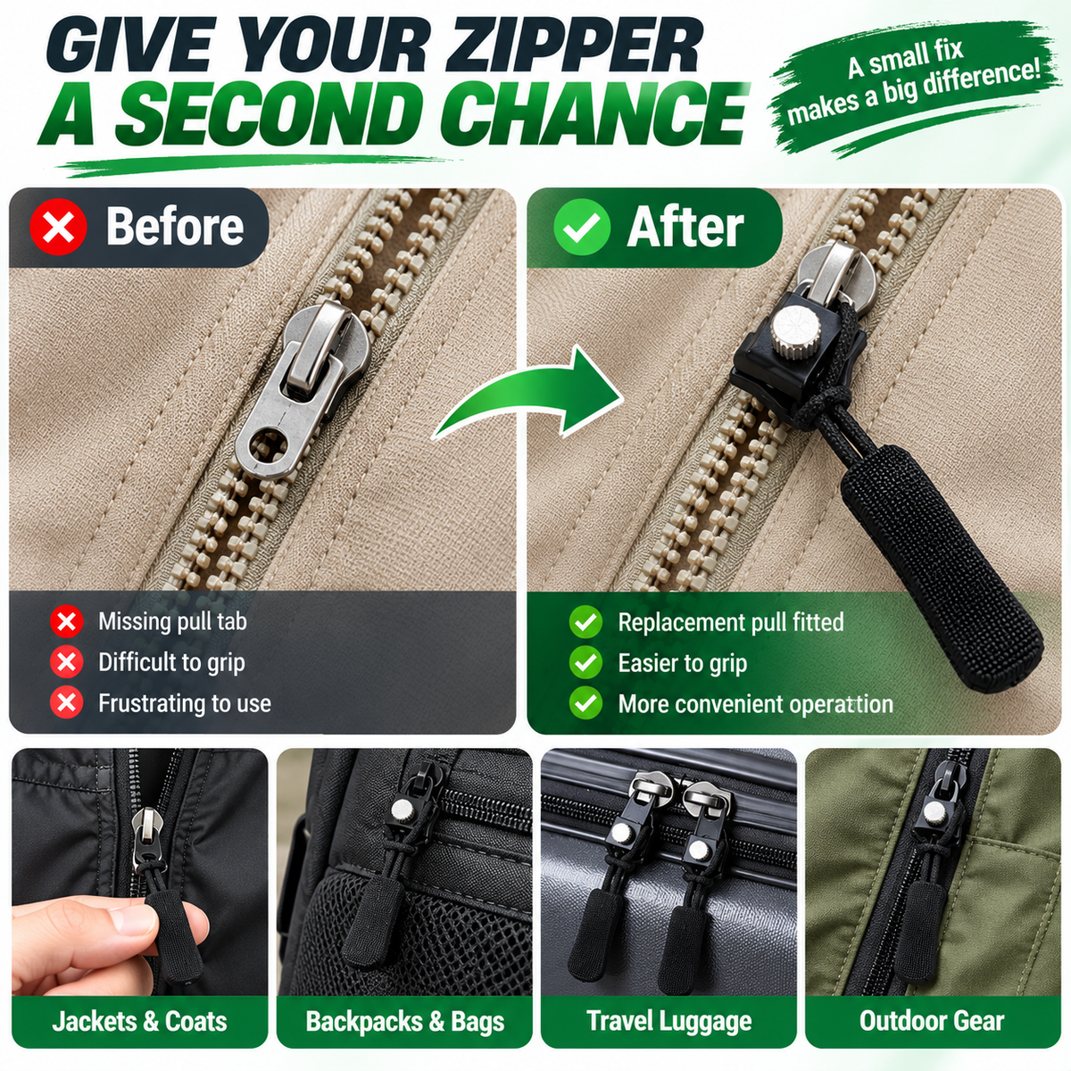 🔧 Zipper Pull Replacement Kit – Fix Broken Zipper Tabs in Minutes ✨