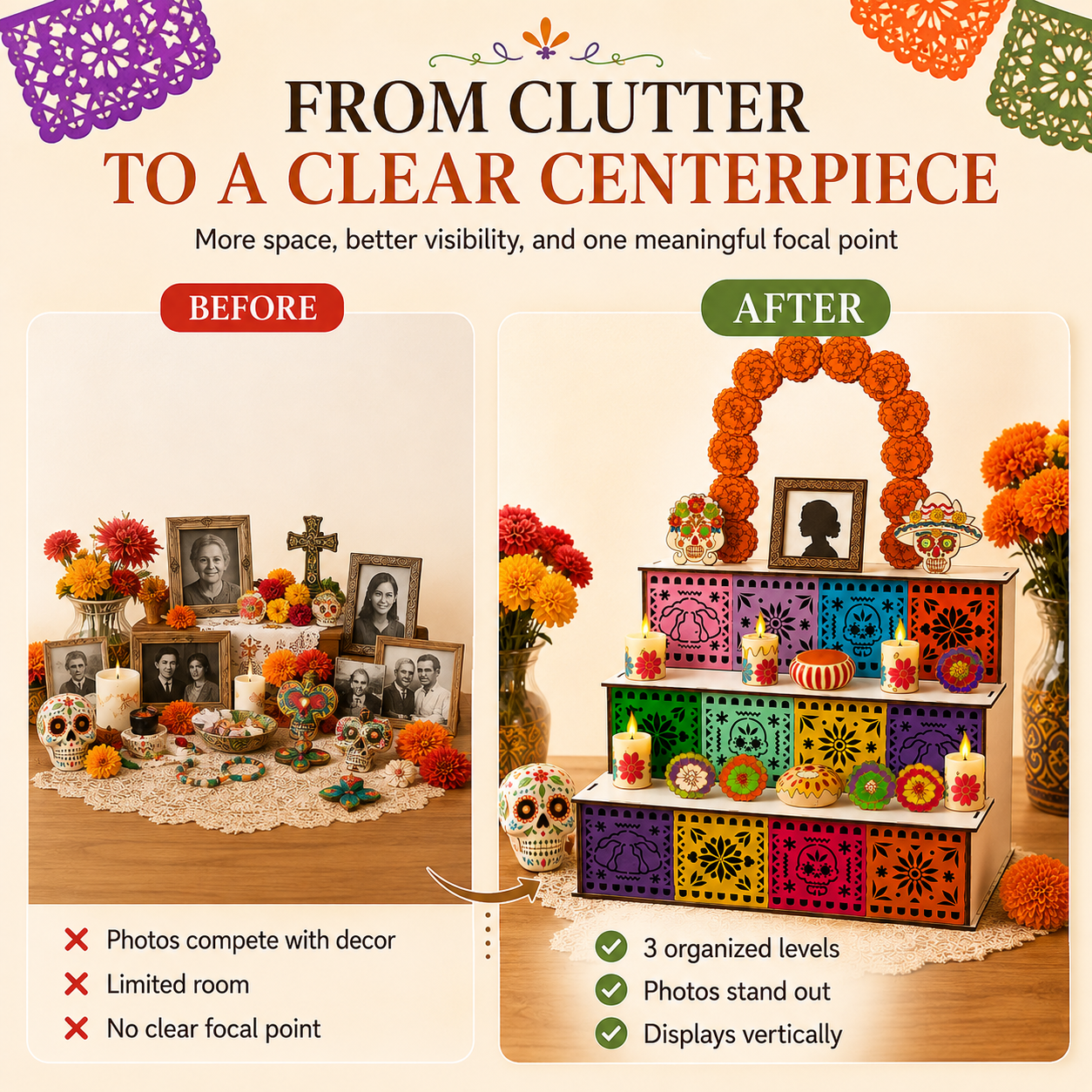 🔥Last Day 49% OFF - 🎃Day of the Dead Wooden Altar Display Set | 💕Death is not the end of life, forgetting is
