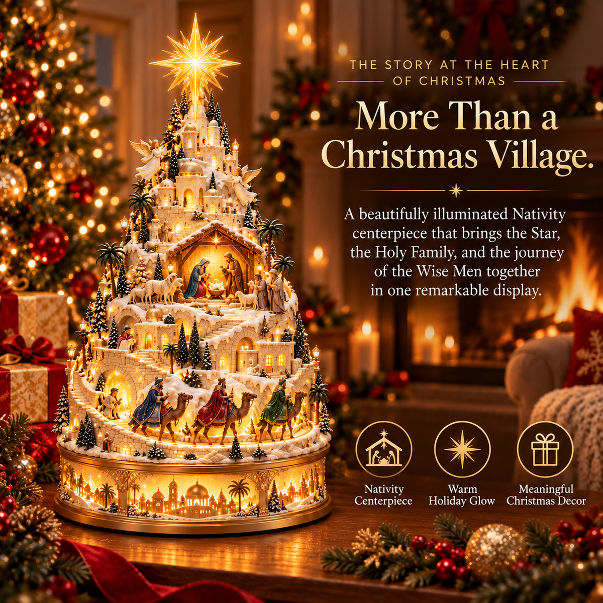 Illuminated Nativity Christmas village with Bethlehem Star and Holy Family