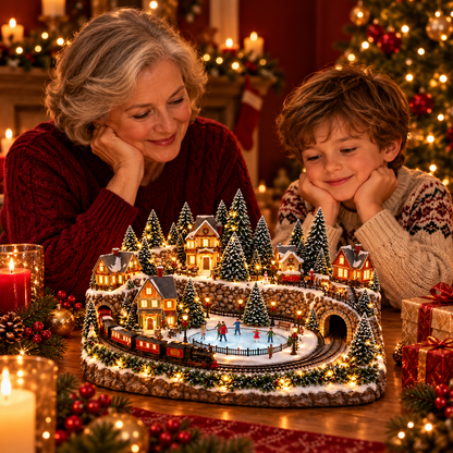 🎄 Animated Christmas Train & Ice Rink Village – Light-Up Musical Holiday Decoration