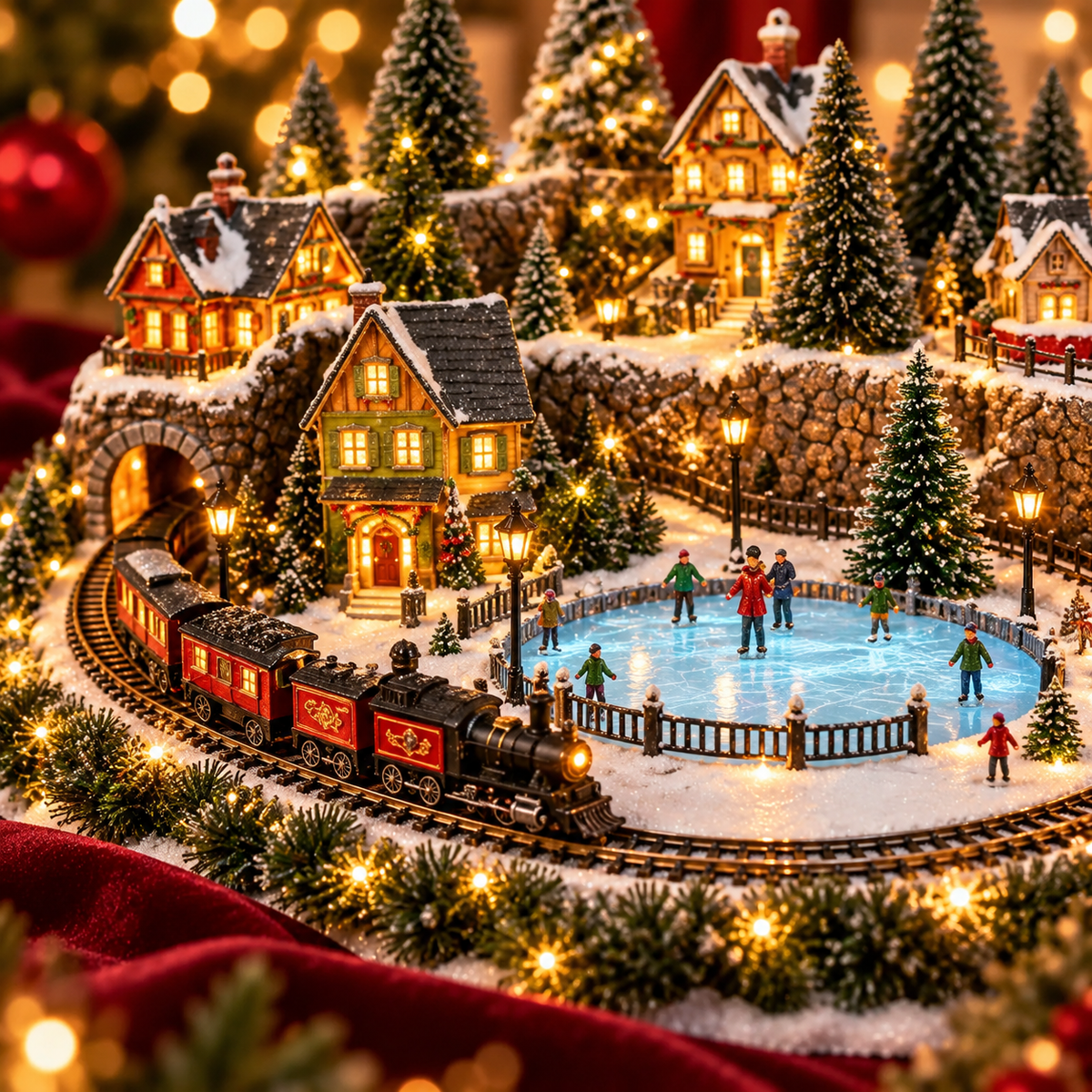 🎄 Animated Christmas Train & Ice Rink Village – Light-Up Musical Holiday Decoration