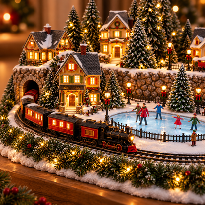 🎄 Animated Christmas Train & Ice Rink Village – Light-Up Musical Holiday Decoration