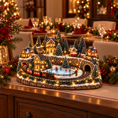 🎄 Animated Christmas Train & Ice Rink Village – Light-Up Musical Holiday Decoration