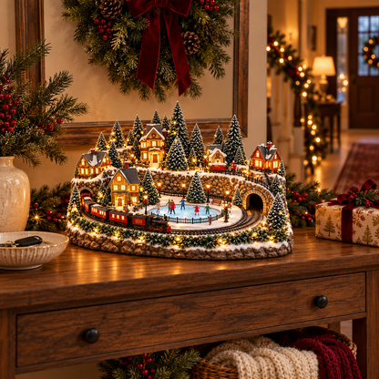 🎄 Animated Christmas Train & Ice Rink Village – Light-Up Musical Holiday Decoration