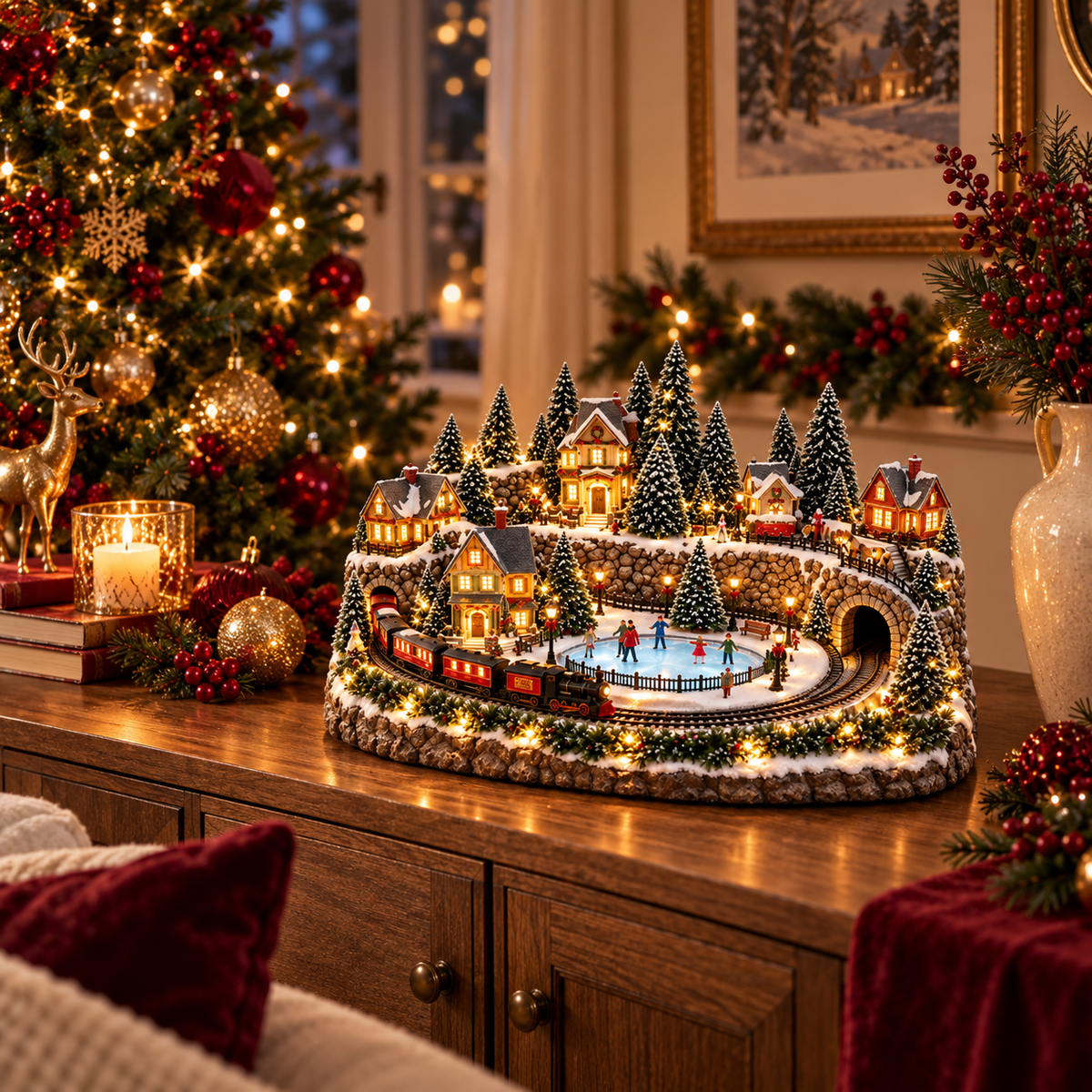 🎄 Animated Christmas Train & Ice Rink Village – Light-Up Musical Holiday Decoration