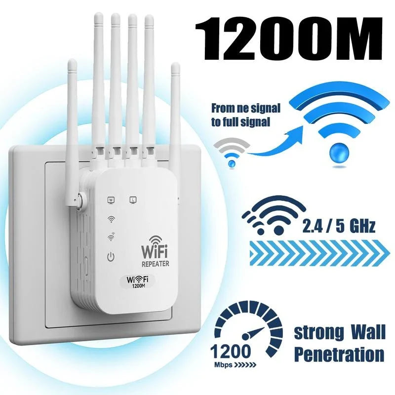 📶 Stop WiFi Dead Zones – Dual-Band 1200Mbps WiFi Extender with 6 Antennas