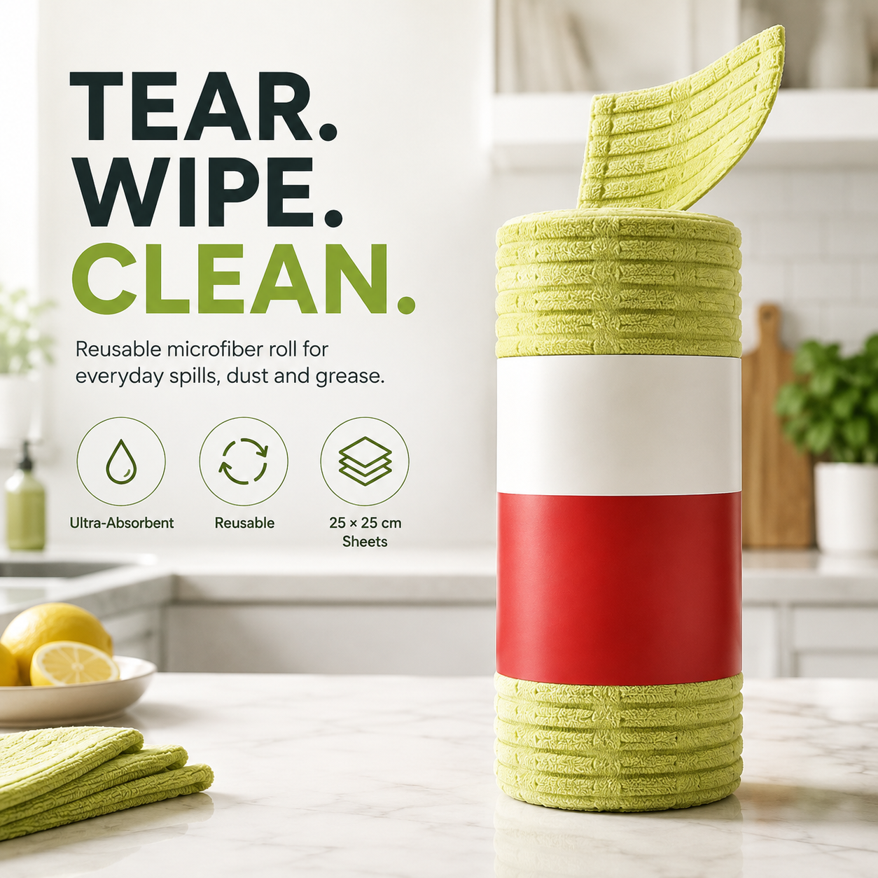 Green reusable tear off microfiber cleaning cloth roll