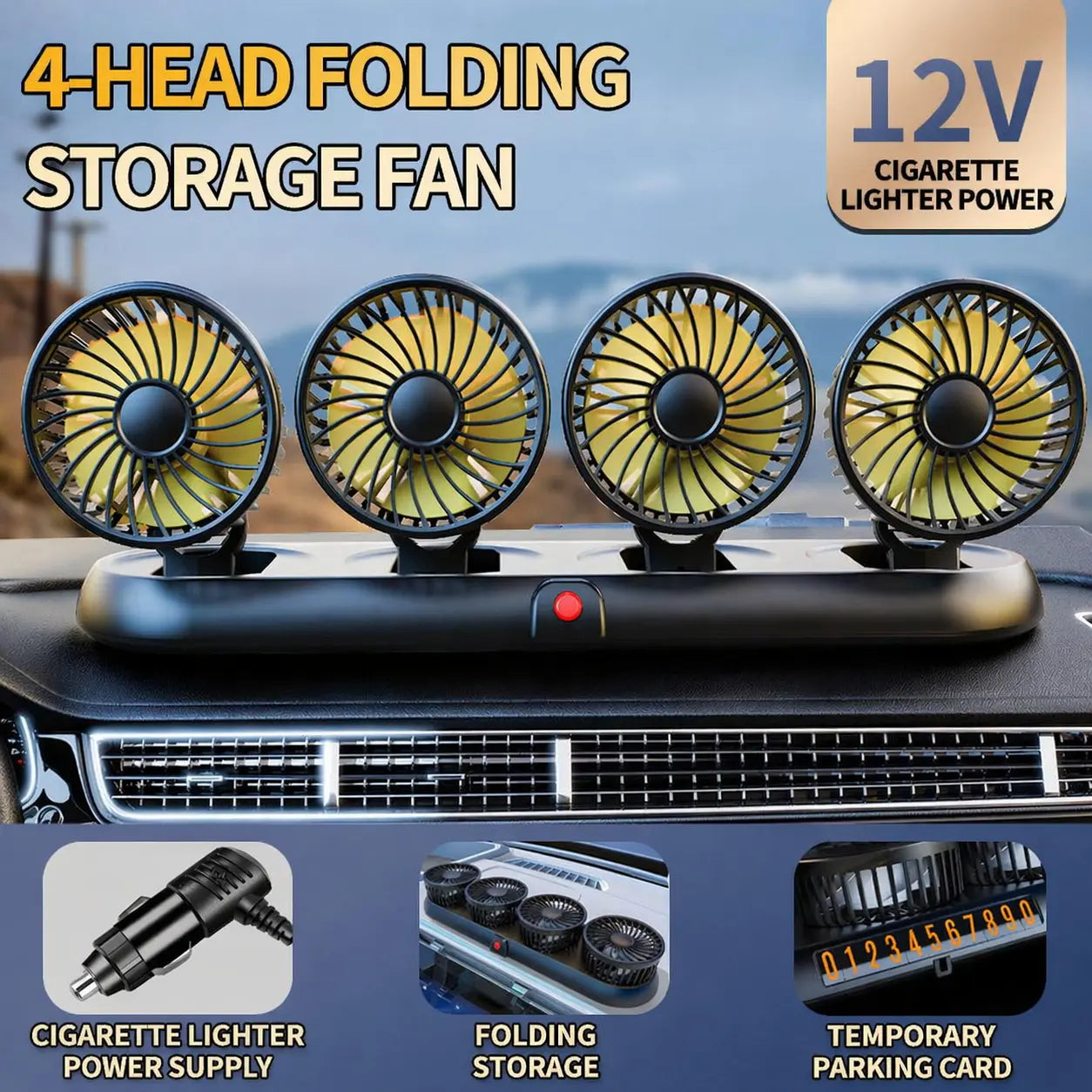 🚗Portable 4-Head Car Cooling Fan - 3-Speed Adjustable