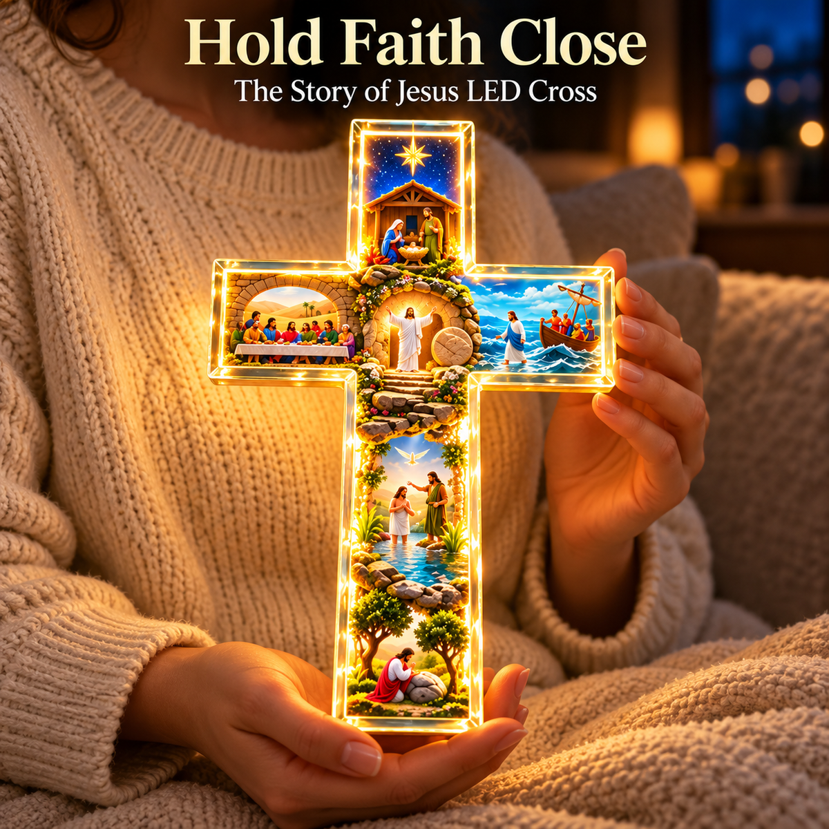 🙏✝️ The Story of Jesus LED Cross Lamp ✨ 6 Biblical Scenes & Meaningful Christian Gift