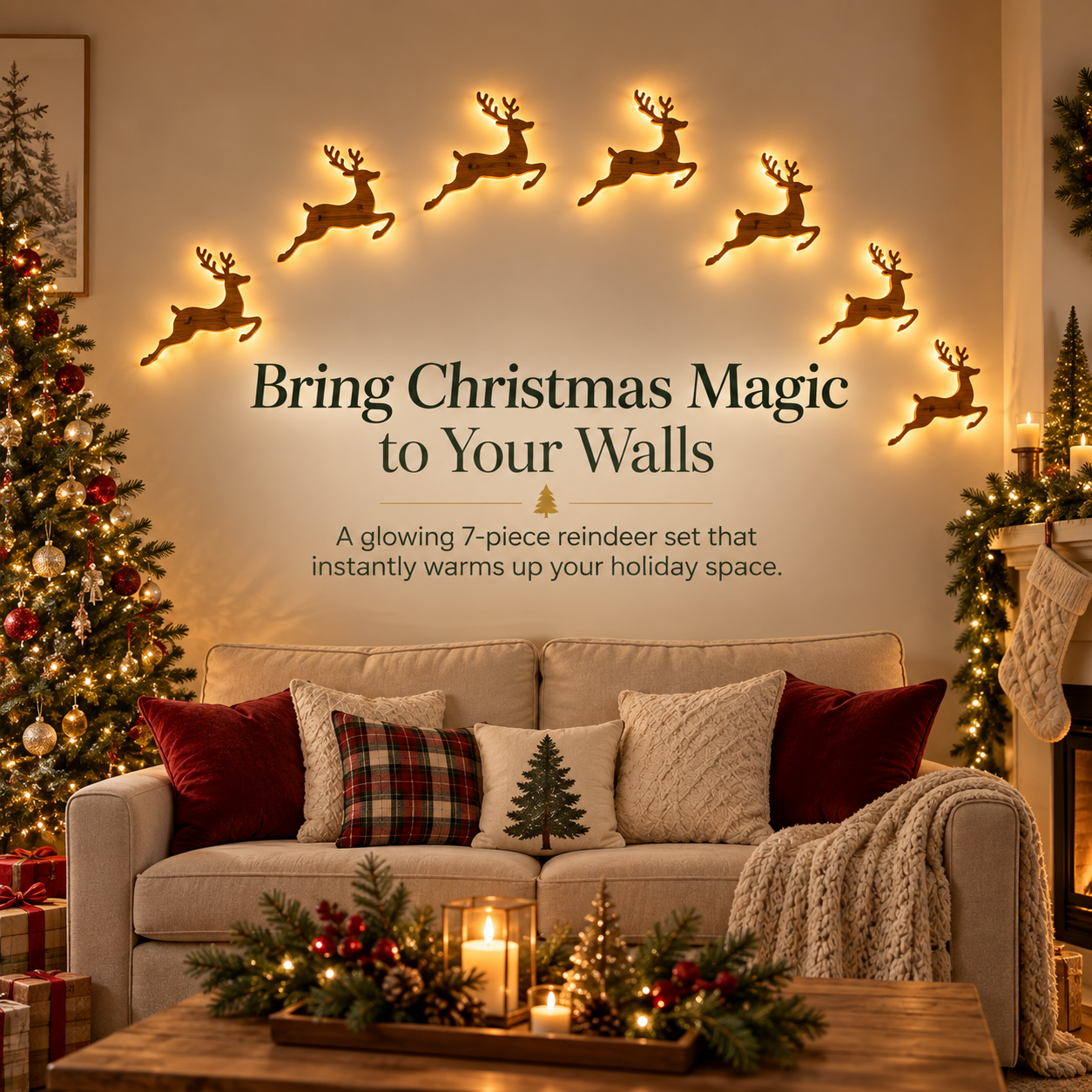 🦌 7-Piece Glowing Reindeer Wall Decor – Warm Christmas Flying Reindeer Light Set