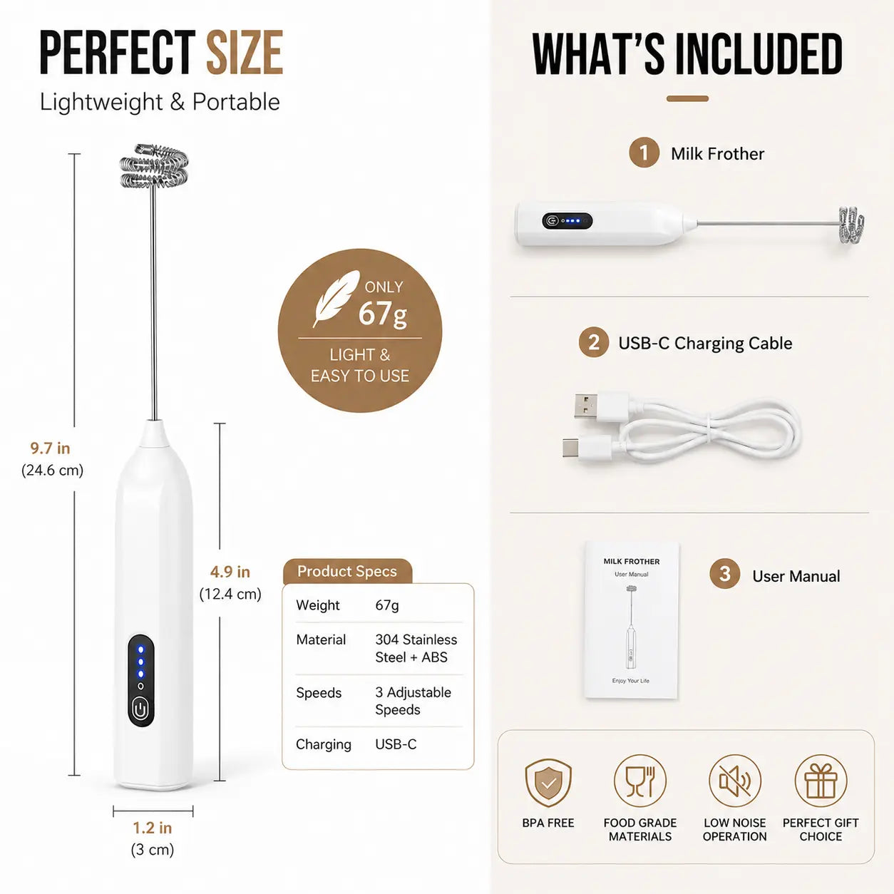 3-Speed Rechargeable Milk Frother for Café-Style Drinks