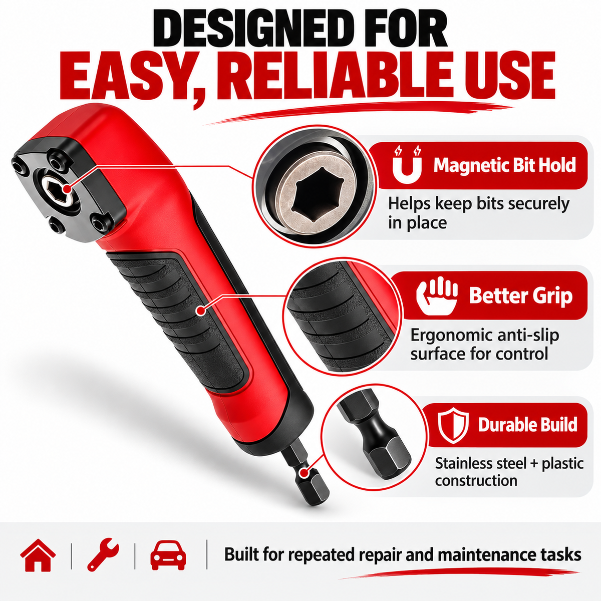 Compact right angle drill adapter grip and magnetic bit holder