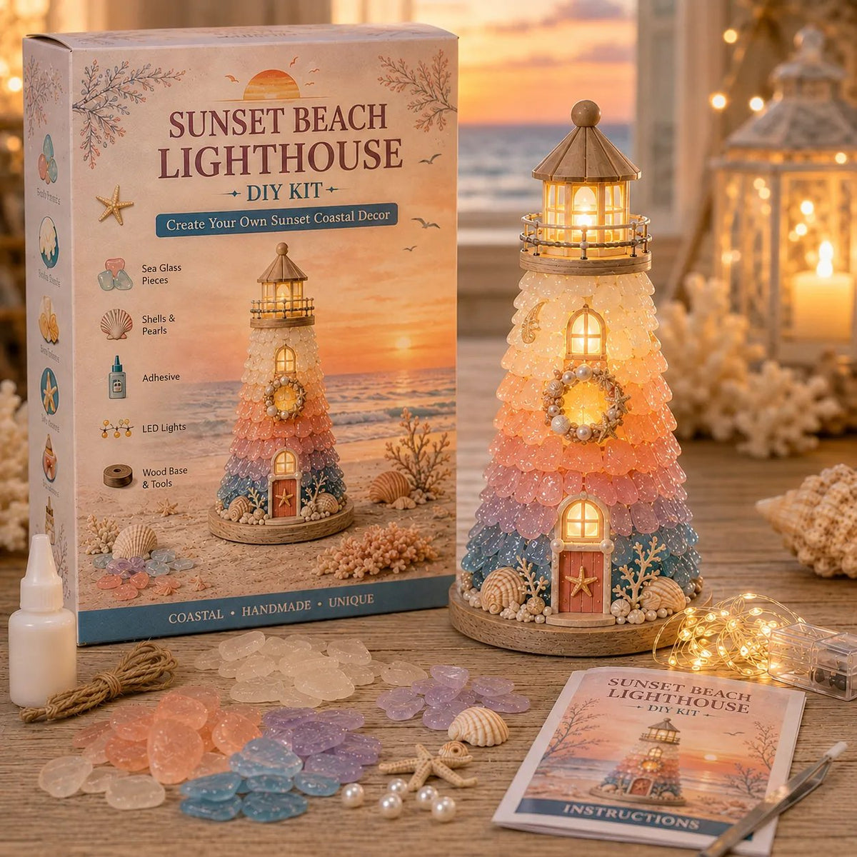 🌊 DIY Sea Glass Lighthouse Kit – Create Your Own Glowing Coastal Decor