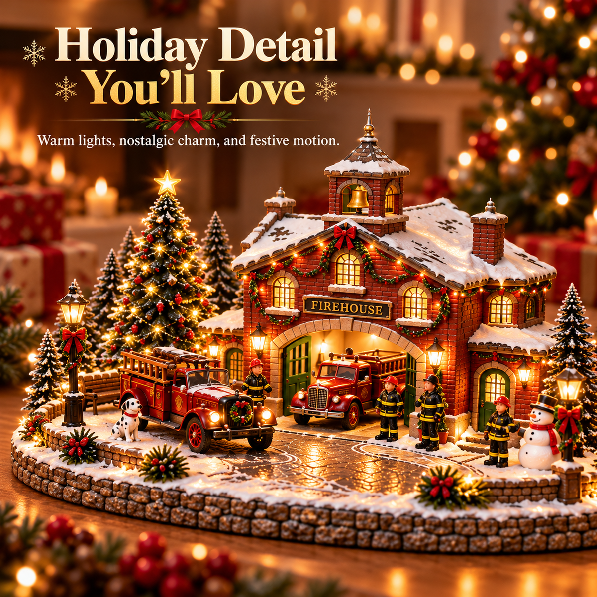 🚒 Light-Up Christmas Firehouse Village – Vintage Fire Truck & Firefighter Holiday Figurine