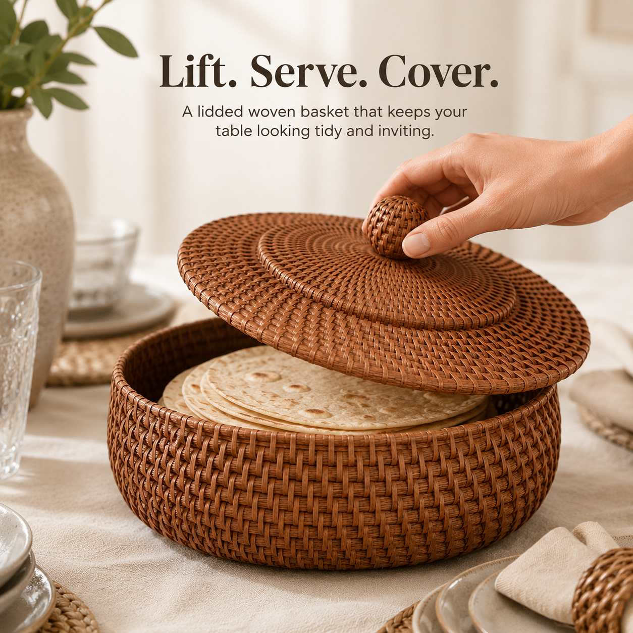 🧺 Woven Tortilla Basket With Lid – Covered Bread & Table Serving Basket