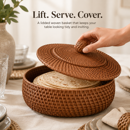 🧺 Woven Tortilla Basket With Lid – Covered Bread & Table Serving Basket