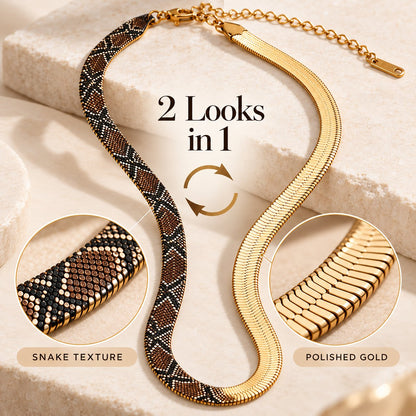 🐍 Reversible Snake Scale Engraved Gold Iron Herringbone Chain Necklace