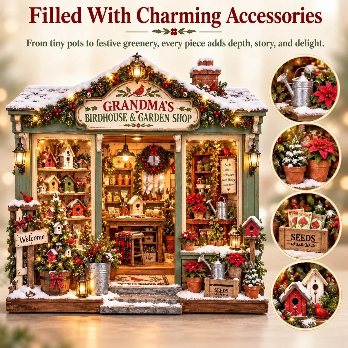 🐦 Grandma’s Birdhouse & Garden Shop DIY Miniature Kit – Light-Up Christmas Garden House
