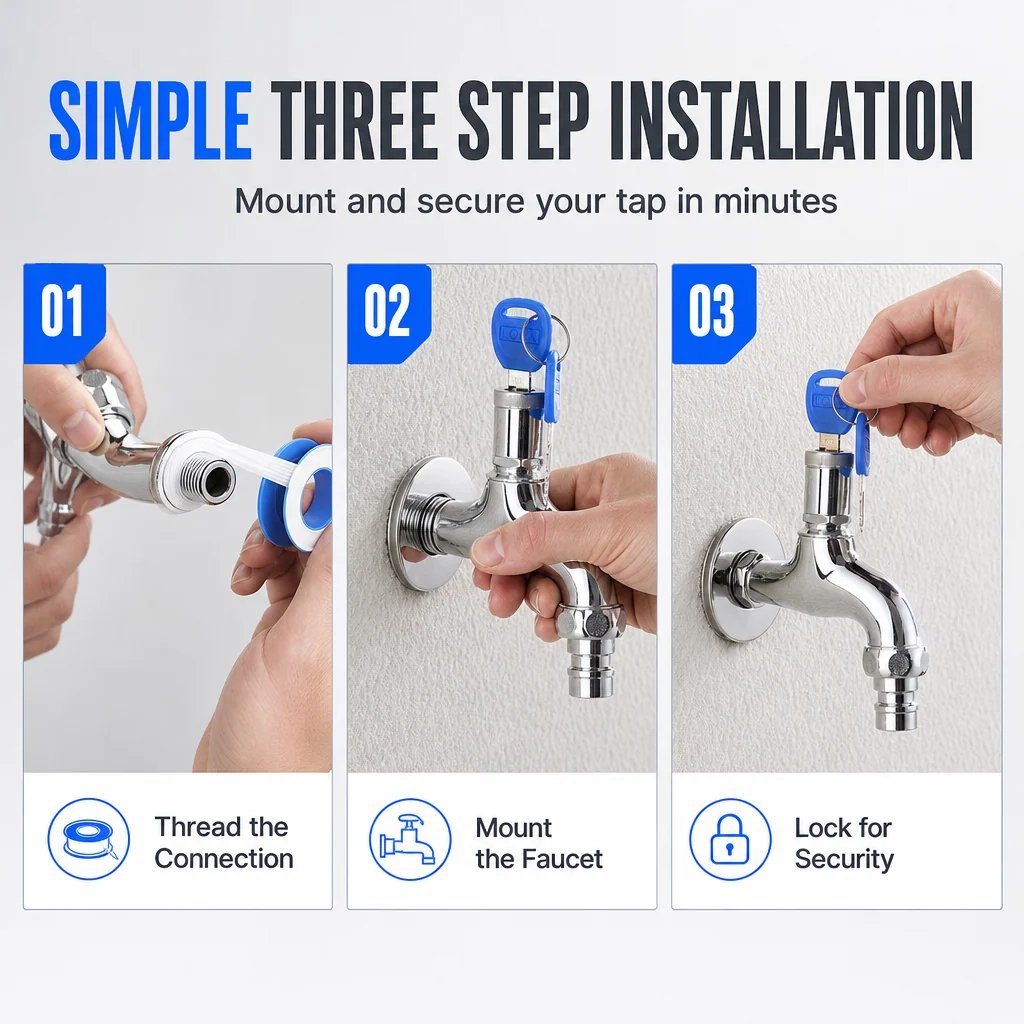 Original three-step installation guide showing threaded connection, faucet mounting and key locking