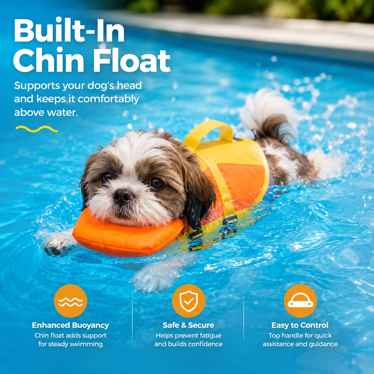 🐶 Adjustable Dog Life Jacket – Chin Float, Rescue Handle & Secure Swim Vest