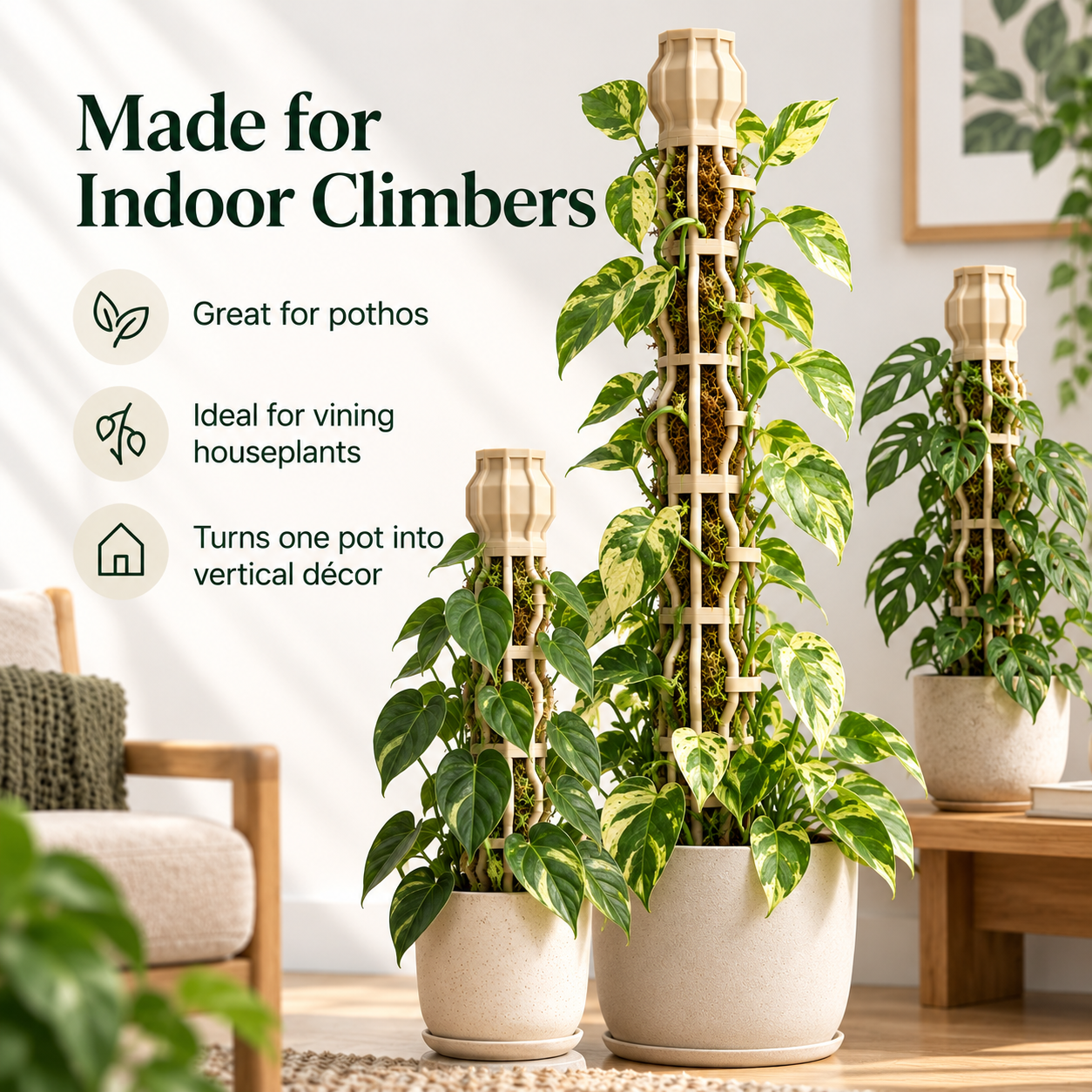 🌿 Stackable Climbing Plant Support Pole – Vine Clips, Moss Fill & Top Watering Design
