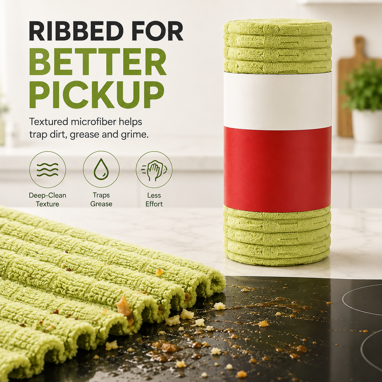 Ribbed microfiber cleaning cloth picking up grease crumbs and grime