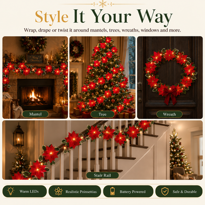 Lighted Christmas Poinsettia Garland with 10 or 20 Warm LEDs – Battery Powered Holiday Floral Decor