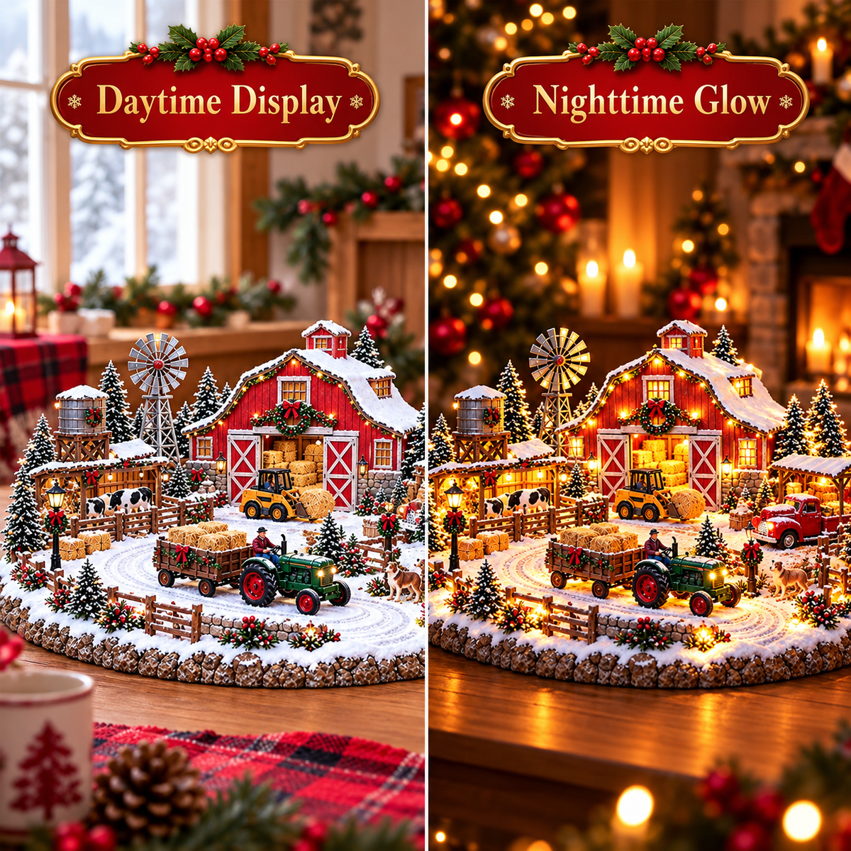 🎄🚜 Christmas Farm Village™ – Lighted Holiday Farm Scene with Tractor, Red Barn & Farm Animals