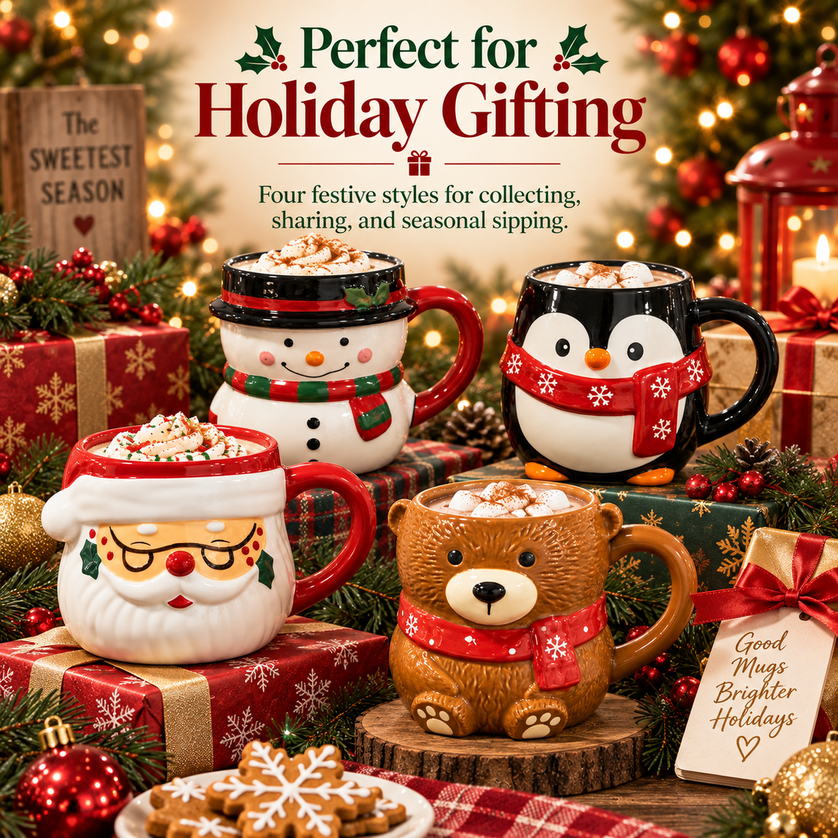 🎄 Christmas Character Mug Collection – Snowman, Santa, Penguin & Bear Stoneware Mugs