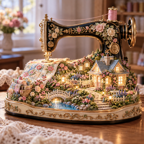 🪡 Stitched to Life Sewing Machine Garden Light – Illuminated Vintage Sewing-Themed Decor