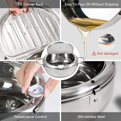 🥗Kitchen Essentials 🍳 304 Stainless Steel Deep Fryer Pot – Thermometer, Oil Drain Rack, Splatter-Proof Lid
