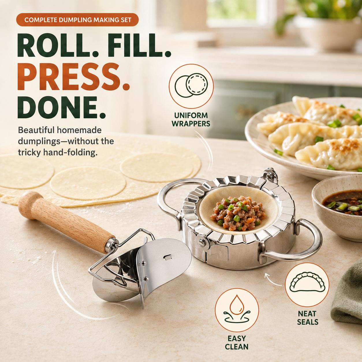 🥟 Steel DumStainless pling Maker & Dough Cutter Set – Roll, Fill, Press & Seal with Ease