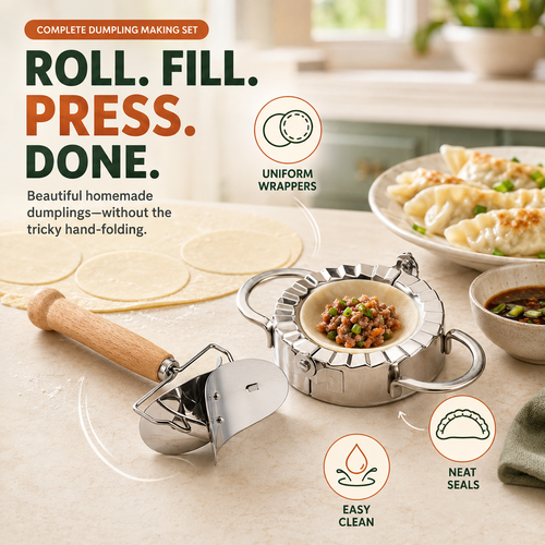 🥟 Steel DumStainless pling Maker & Dough Cutter Set – Roll, Fill, Press & Seal with Ease