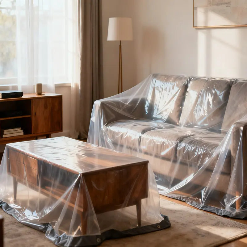 Clear tarp covering furniture and table indoors