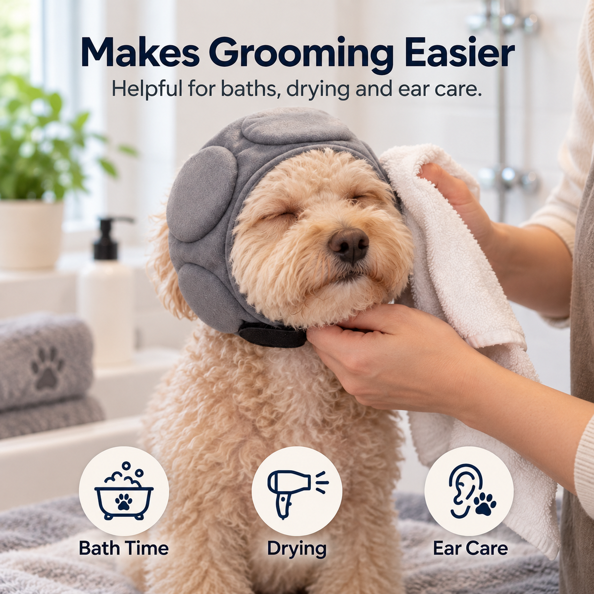 Dog wearing padded ear wrap during grooming and drying