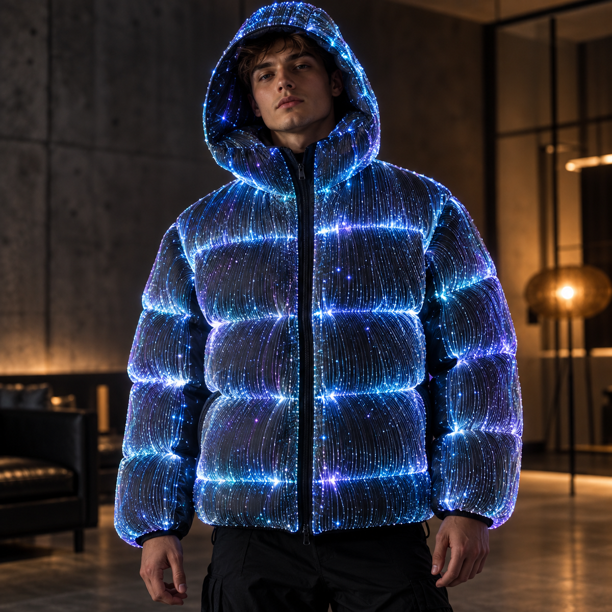 Front view of glowing hooded puffer jacket