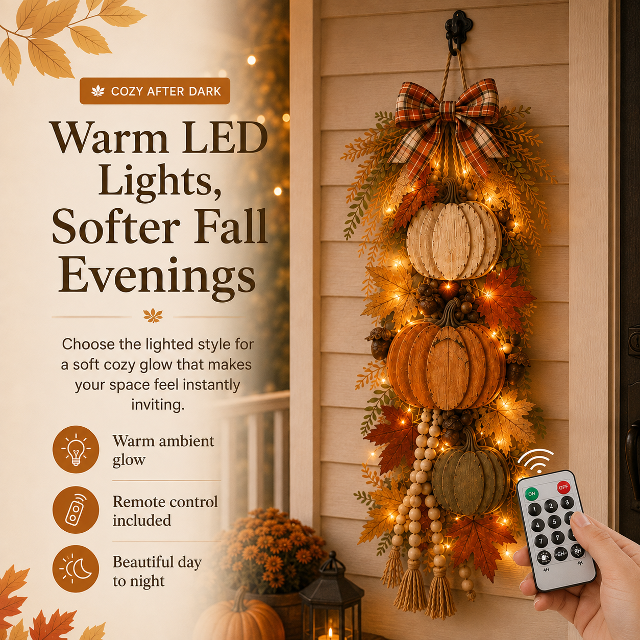 🏡🎃Rustic Wooden Pumpkin Door Hanging with Warm LED Lights