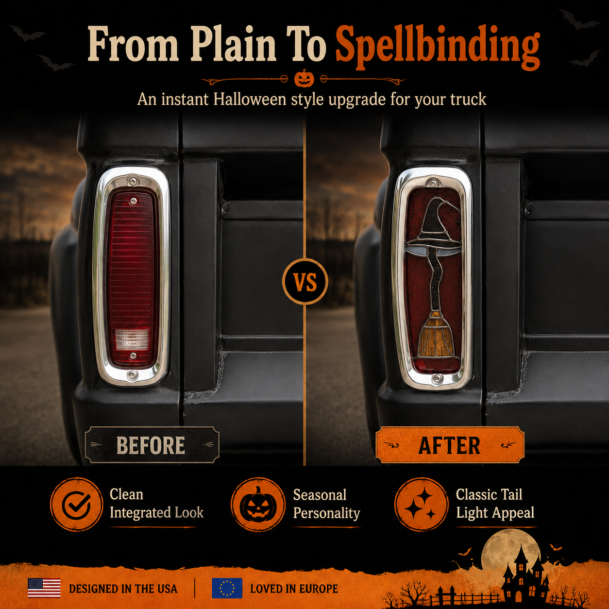 🎃 Halloween Witch Hat & Broom Tail Light Lens Accent for Classic Trucks（2 PCS）