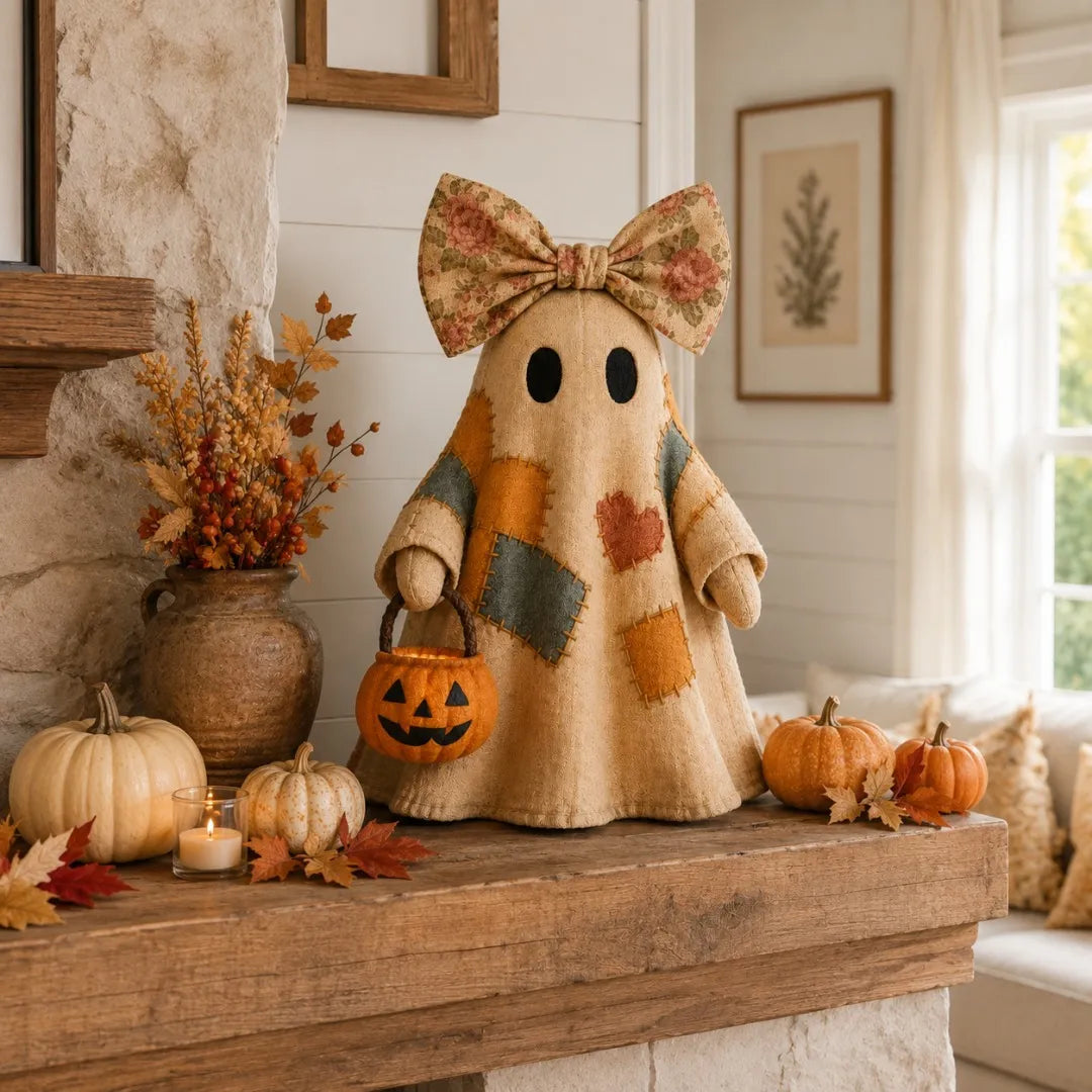👻 25.6" Lighted Vintage Patchwork Ghost – Cozy Halloween & Fall Home Decor