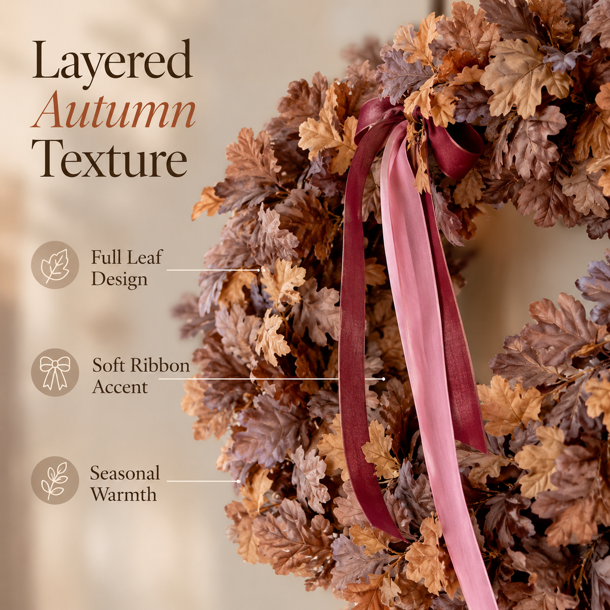 🍂 Set of 2 Autumn Leaf Wreaths With Ribbon – Matching Fall Door & Home Decor