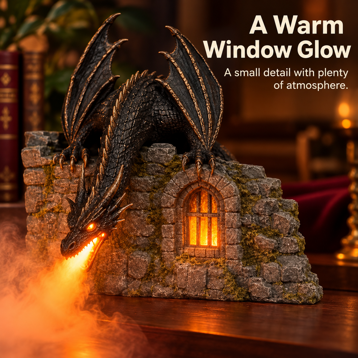 🐉 Dragon Book Nook Mist Maker – Glowing Fantasy Castle with Breathing Mist Effect