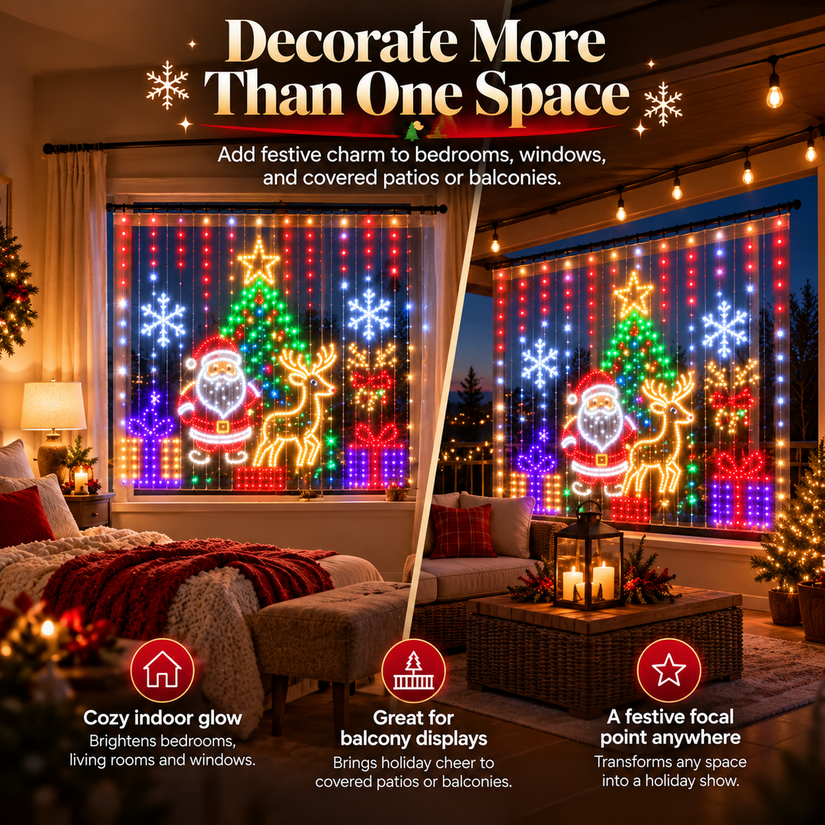 🎅Smart RGB Christmas Curtain Lights – App-Controlled Animated Holiday Window Display