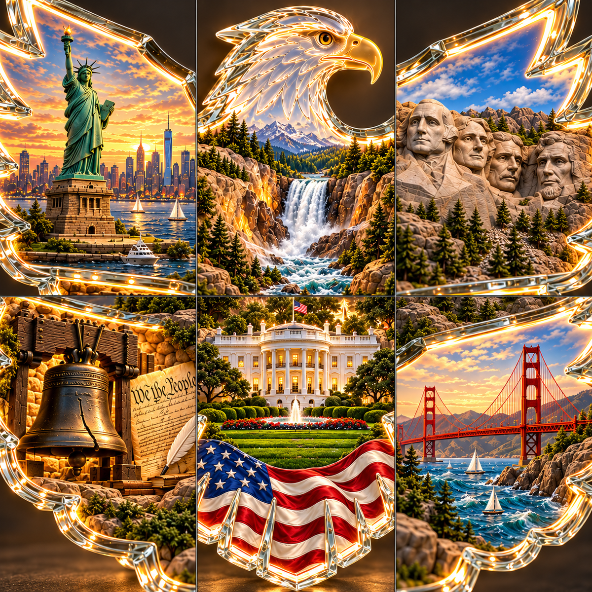 🦅 American Heritage Lighted Eagle Wall Art – 6 Iconic U.S. Landmarks