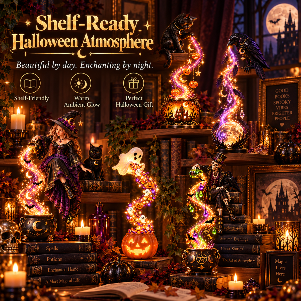 Halloween Magic Cascade Shelf Lights styled with books candles and gothic decor