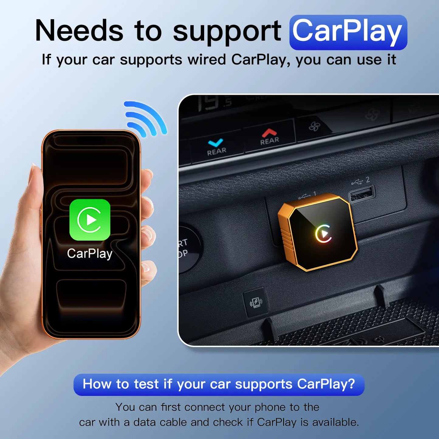 2 in 1 Wireless CarPlay Adapter, Plug & Play, Fast Auto Connection, Compatible with Factory CarPlay Cars 2016+