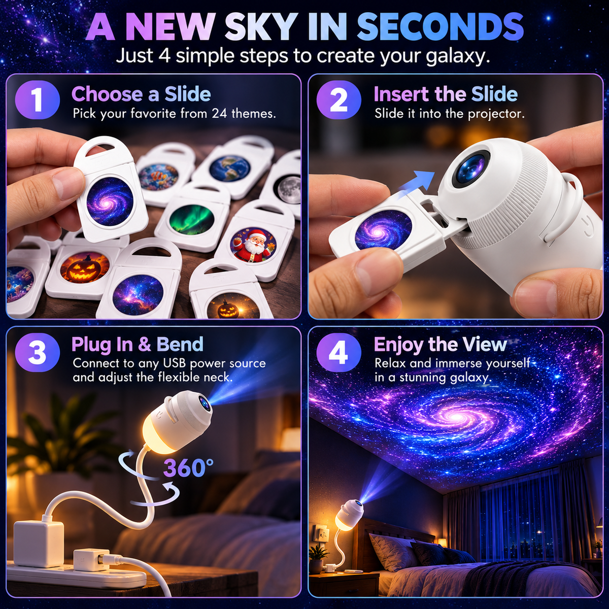 🌙 Galaxy Projector Night Light – 24 HD Slides, USB Powered & 360° Adjustable